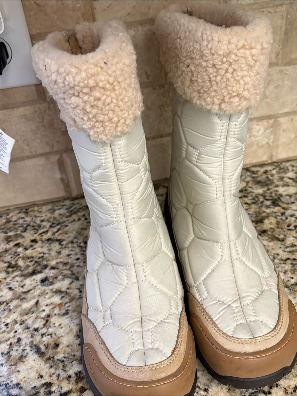 UGG Cream Quilted Shearling-Cuff Winter Boots with Tan Trim
